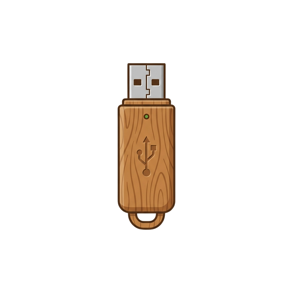 A USB flash drive with a wooden textured design and USB symbol.