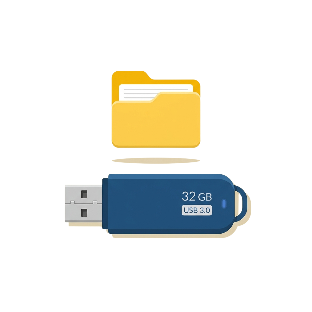 Illustration of a 32 GB USB 3.0 flash drive and a yellow folder icon