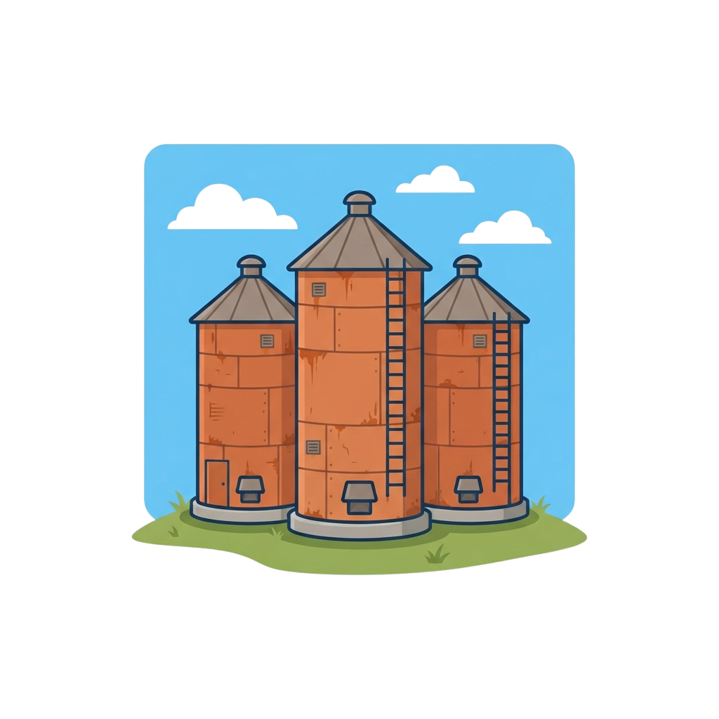 Three cylindrical orange grain silos with metal ladders and small doors against a blue sky with clouds
