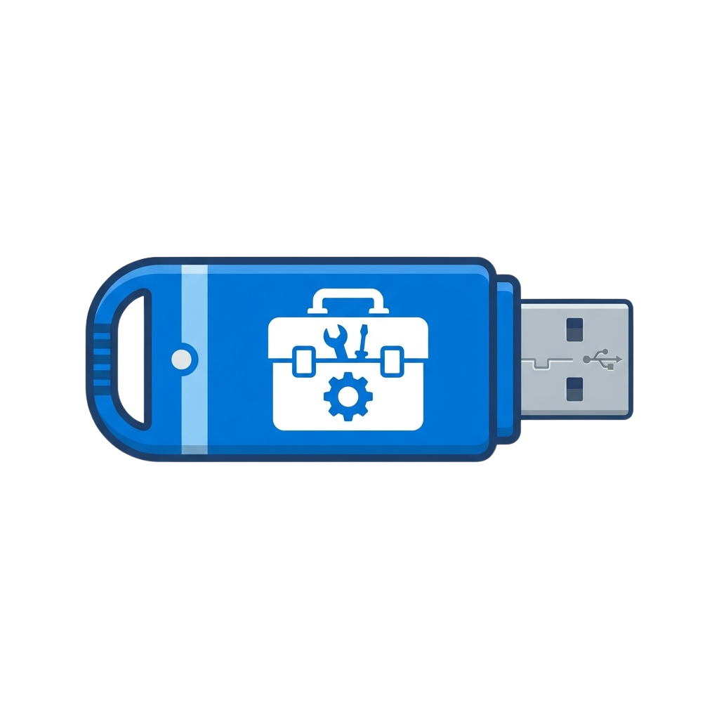 USB flash drive graphic featuring a toolbox with wrenches and gears
