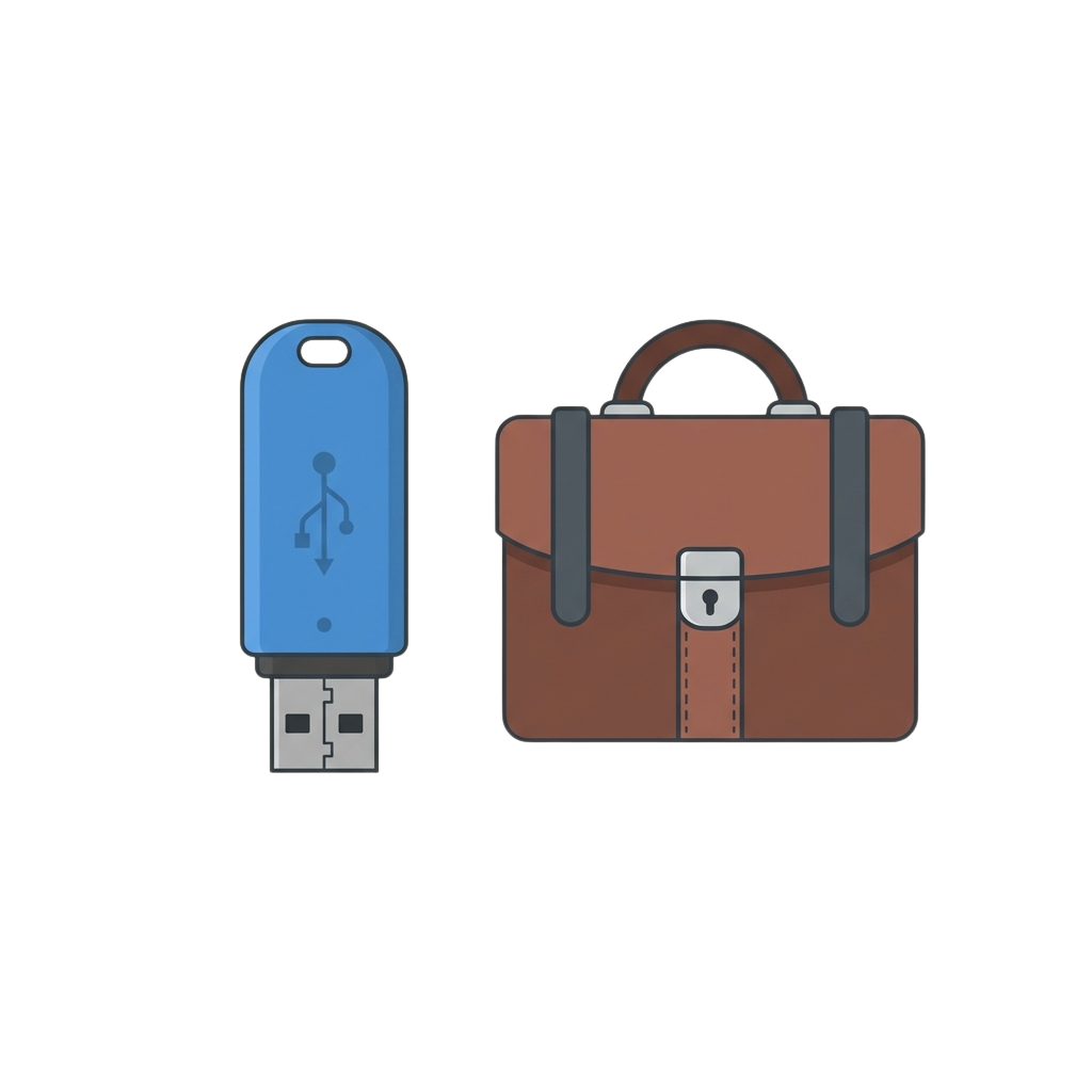 A blue USB flash drive next to a brown leather briefcase with a silver lock and handles