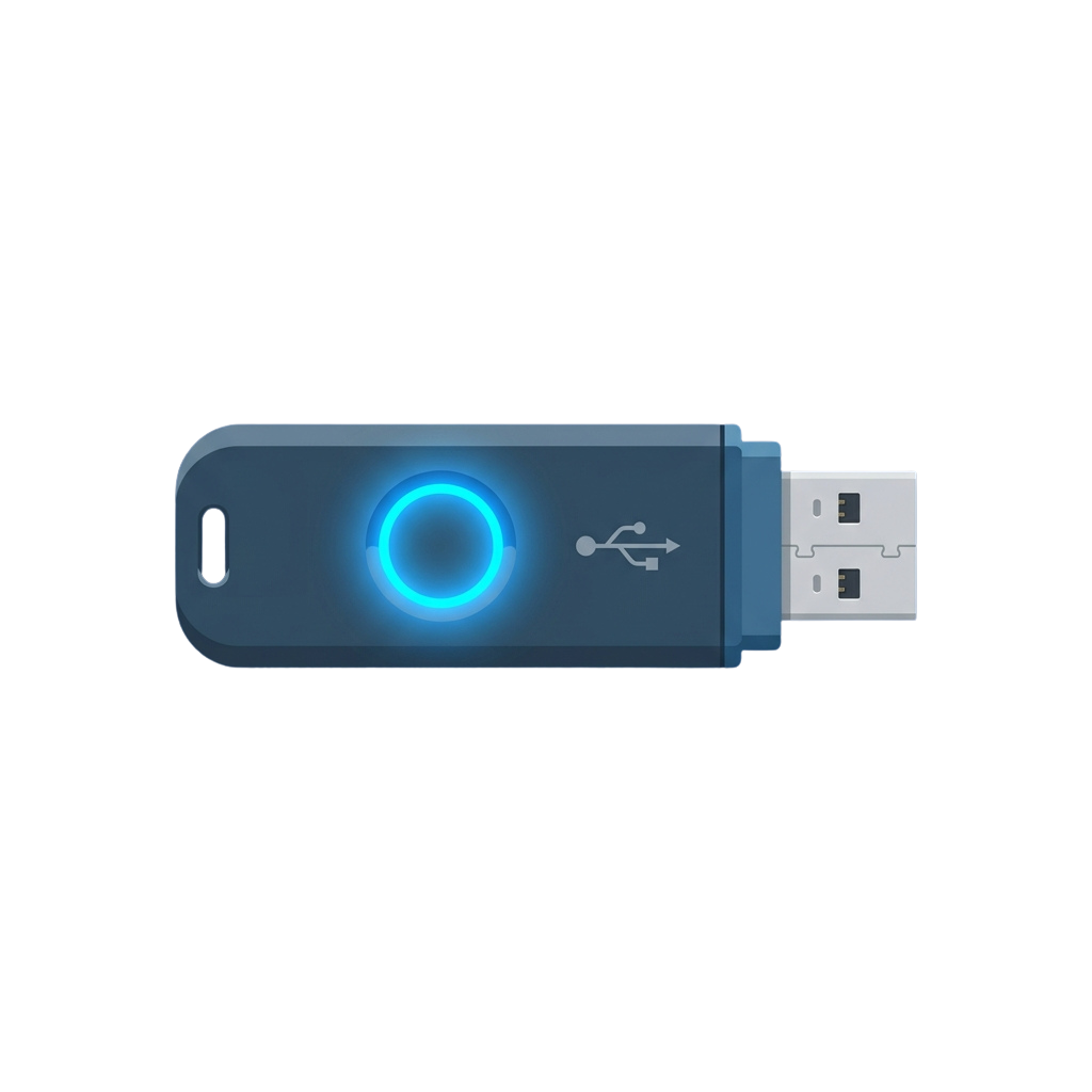 USB flash drive featuring a blue illuminated indicator light and USB connector