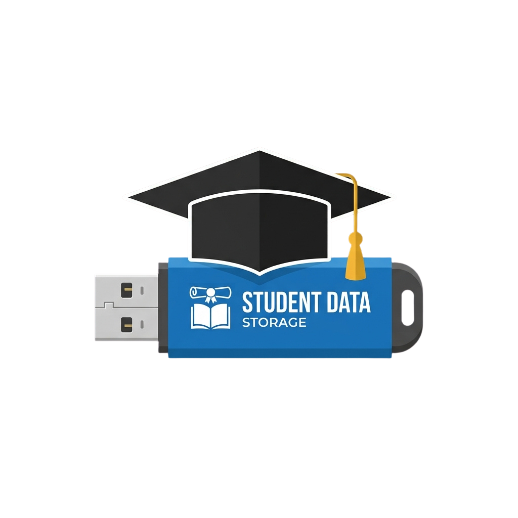 A USB flash drive with an open book and graduation cap symbolizing student data storage