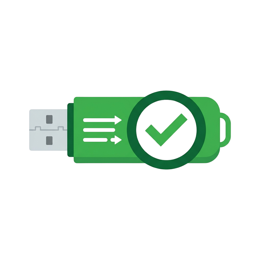 Green USB flash drive icon with a checkmark inside a circular badge indicating successful data transfer or verification