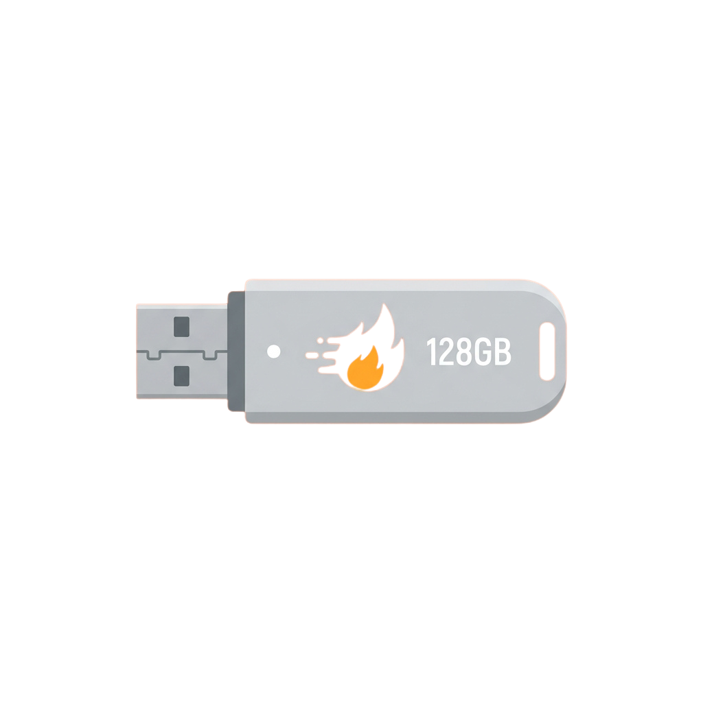 A grey USB flash drive with a flame logo and 128GB storage capacity