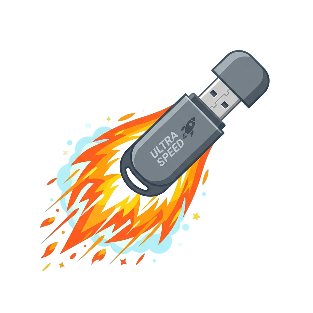 USB flash drive depicted as a rocket with a fiery launch trail against a black background