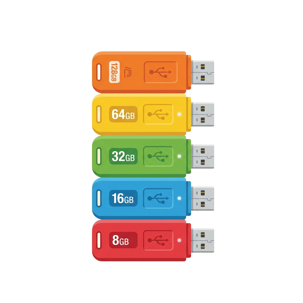 Stack of five USB flash drives in different colors showing capacities of 8GB, 16GB, 32GB, 64GB, and 128GB