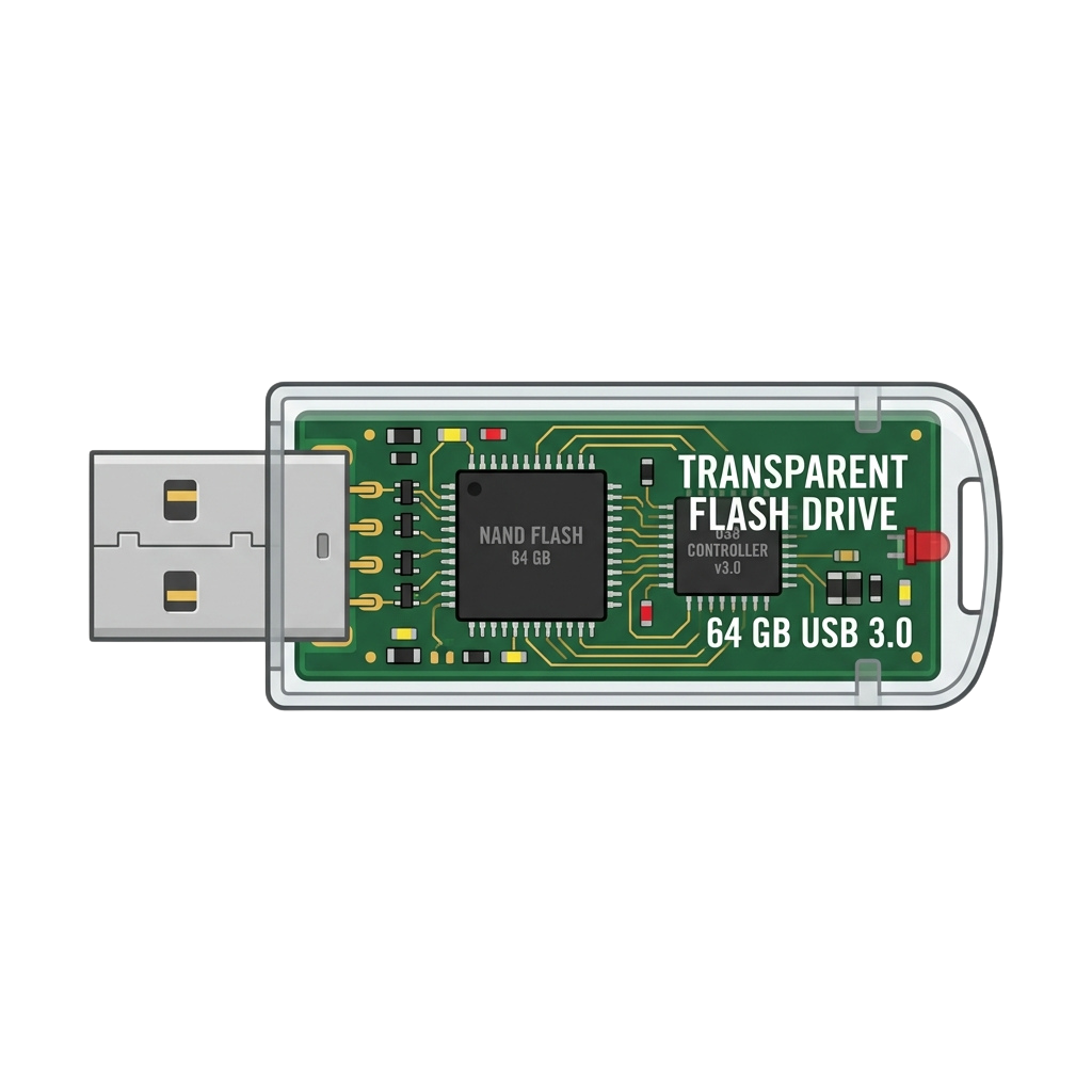A transparent USB 3.0 flash drive showing internal components including a NAND flash chip labeled 64 GB