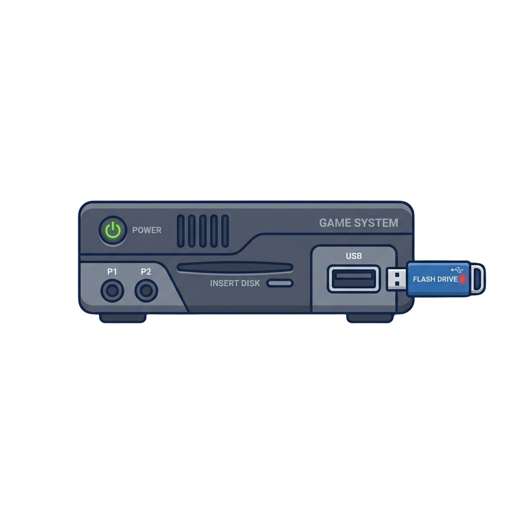 Illustration of a retro game console with power button, player ports, disk slot, USB port, and flash drive connected