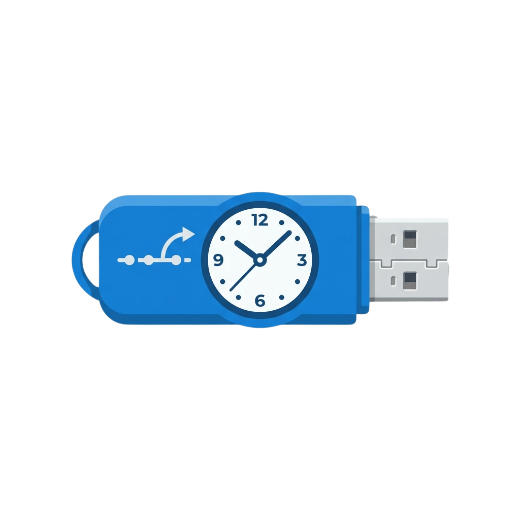 Blue USB flash drive with a clock face showing the time around 10:10.