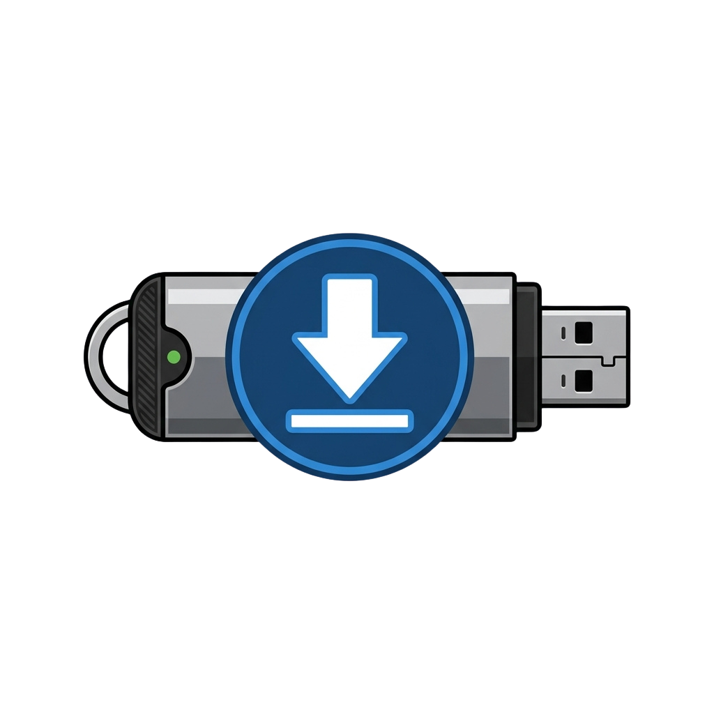 USB flash drive with a blue download arrow icon in the center