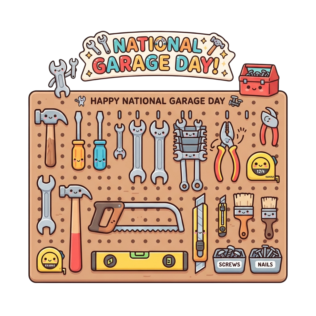 Colorful cartoon tools arranged on a pegboard celebrating National Garage Day with a cheerful, whimsical design