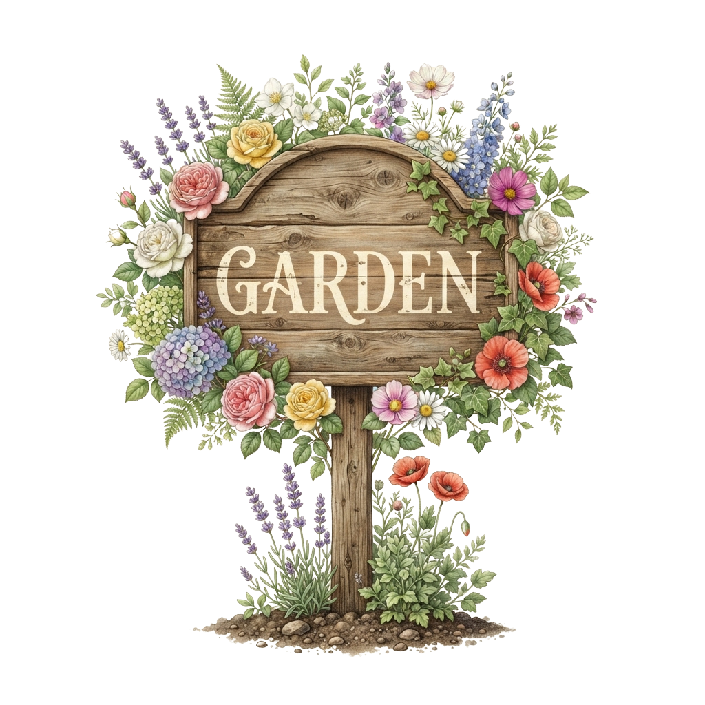 A wooden sign with the word GARDEN surrounded by colorful flowers and greenery on a black background