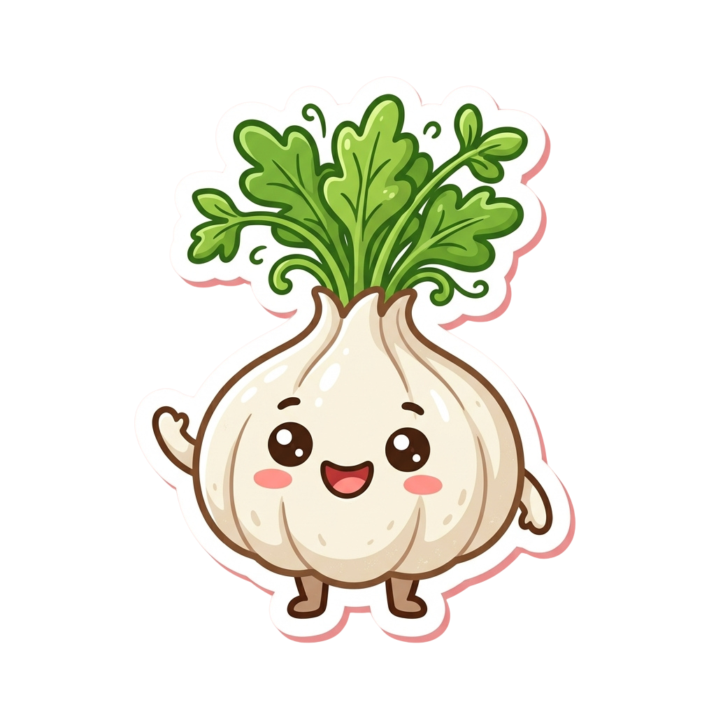 A smiling cartoon garlic bulb with green leaves and arms standing on two legs