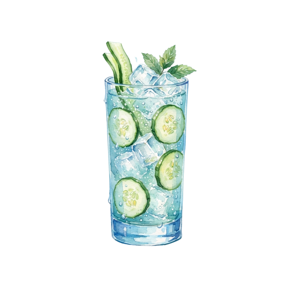 A tall glass filled with water, cucumber slices, mint leaves, and ice cubes