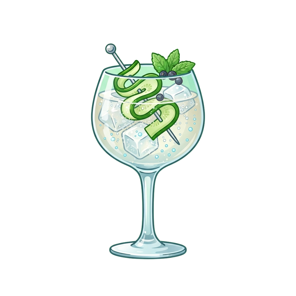 A glass filled with a cucumber gin tonic cocktail, featuring ice cubes, cucumber slices, and a mint leaf garnish