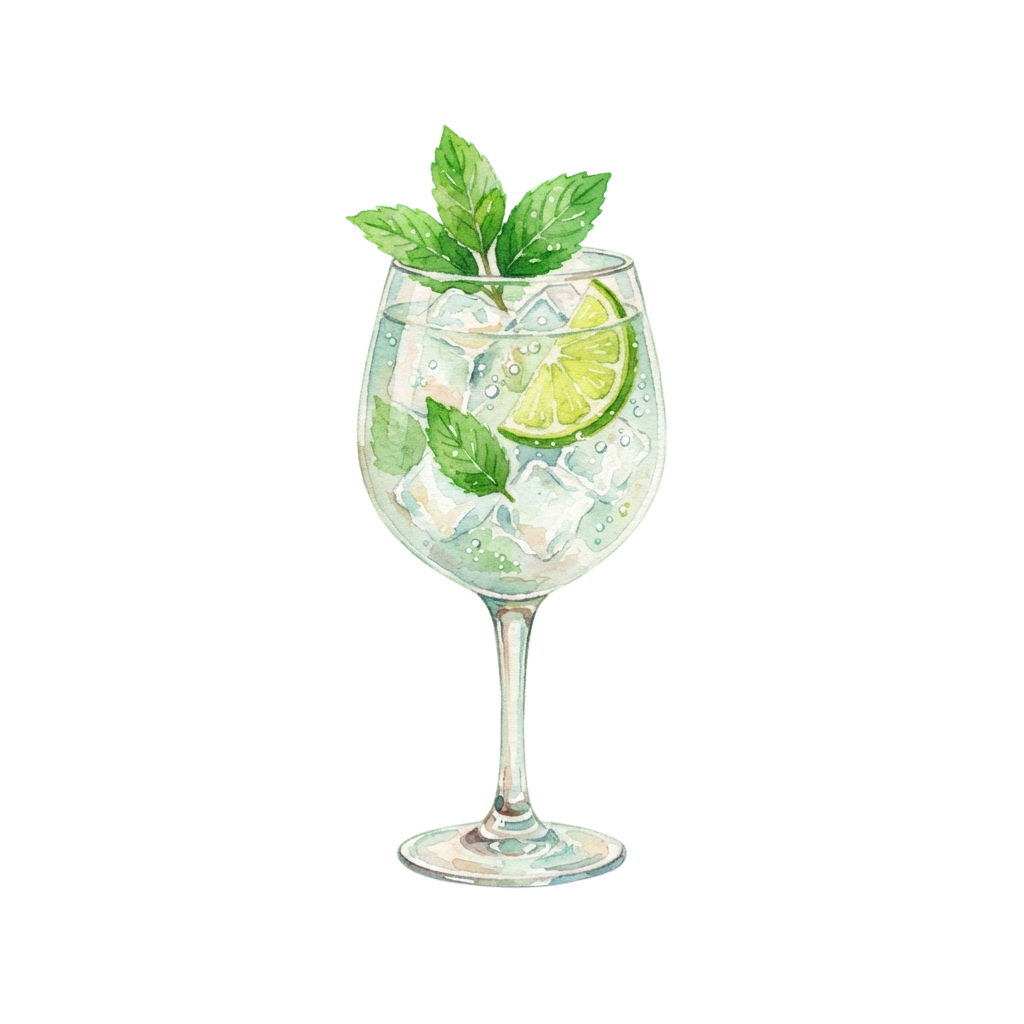 A clear glass filled with mint lime water, ice cubes, and fresh mint leaves on a black background