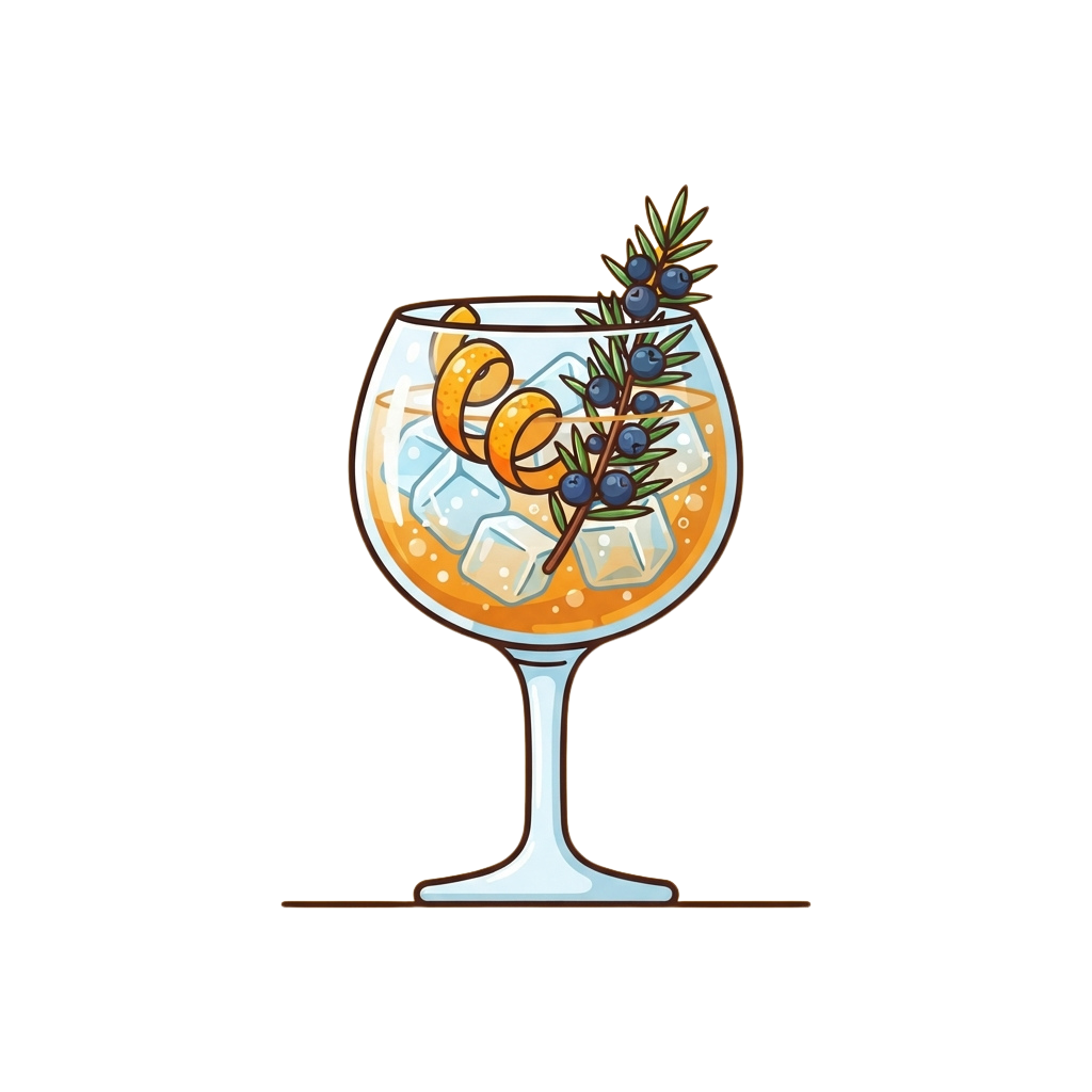 A stylish glass filled with an orange cocktail, ice cubes, and a sprig of rosemary with berries.