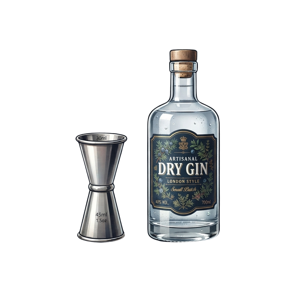 Artisanal dry gin bottle with a decorative label and a matching stainless steel jigger.