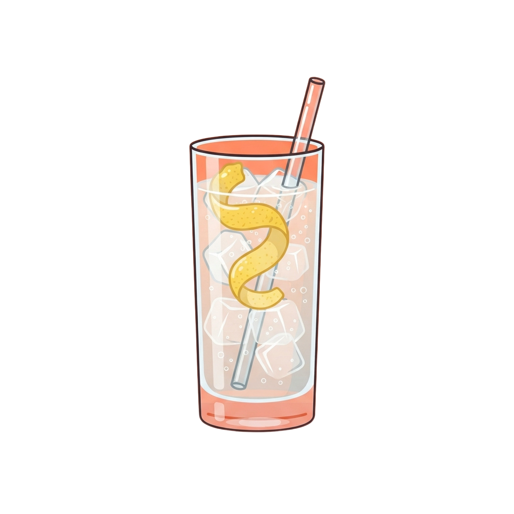 A tall glass filled with a creamy drink, ice cubes, and a yellow worm-shaped garnish on a straw