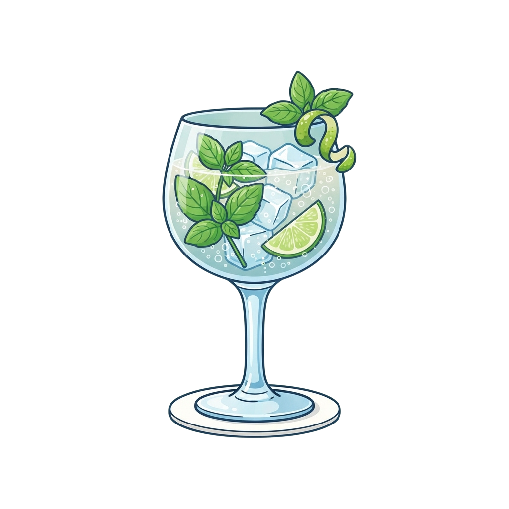 A glass filled with mint leaves, lime slices, ice cubes, and a swizzle stick garnish