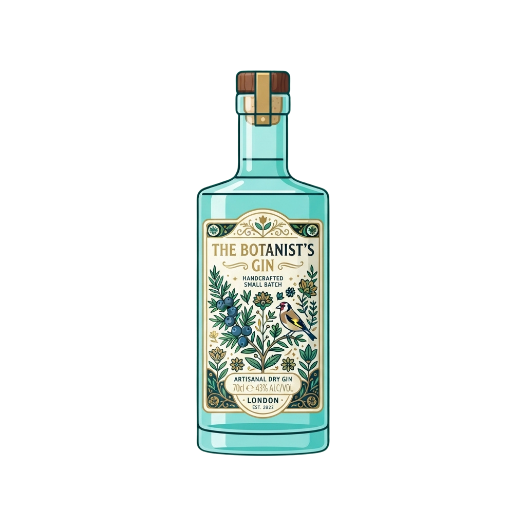 Light blue bottle of handcrafted gin with botanical label and ornate floral design