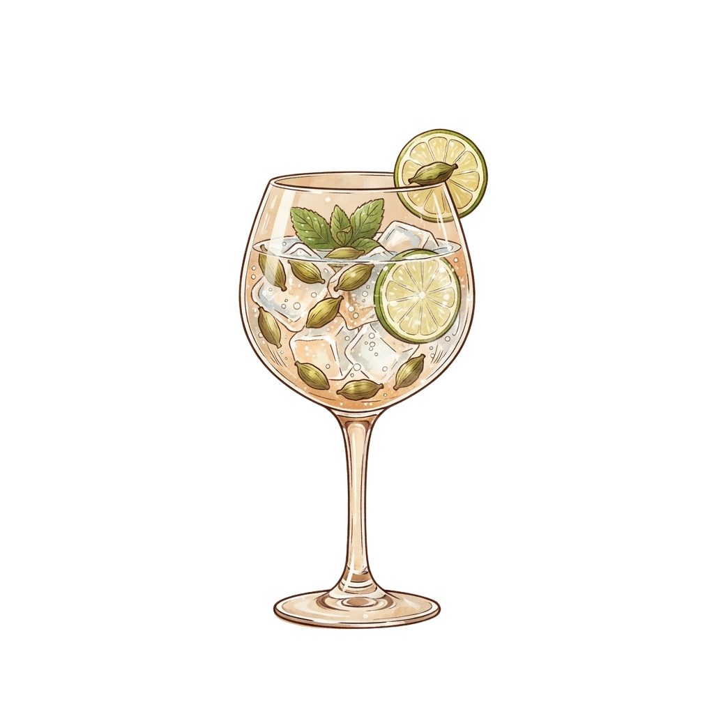 A stylish glass filled with ice cubes, garnished with lime slices and cardamom pods, set against a dark background