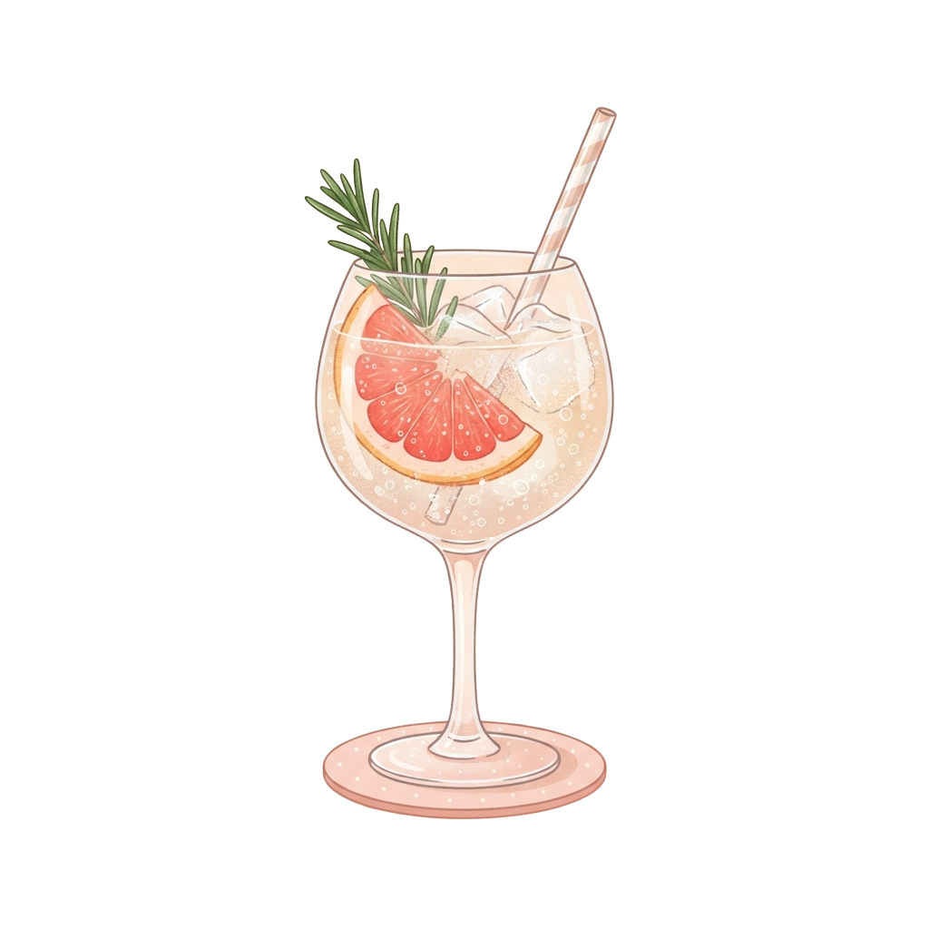 A glass filled with a grapefruit gin fizz cocktail garnished with fruit and herbs, served with a straw