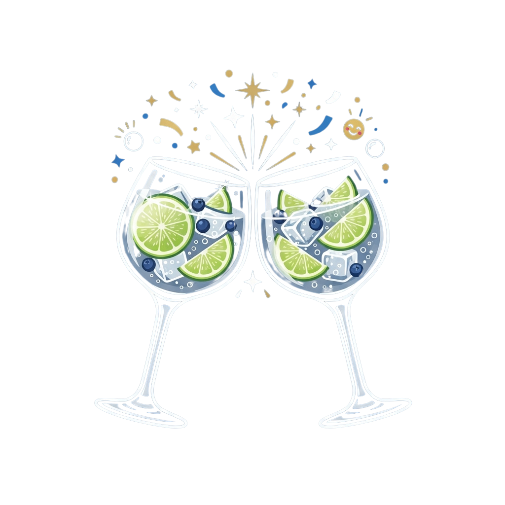 Two clinking wine glasses filled with lemon slices, ice cubes, and bubbles against a starry background