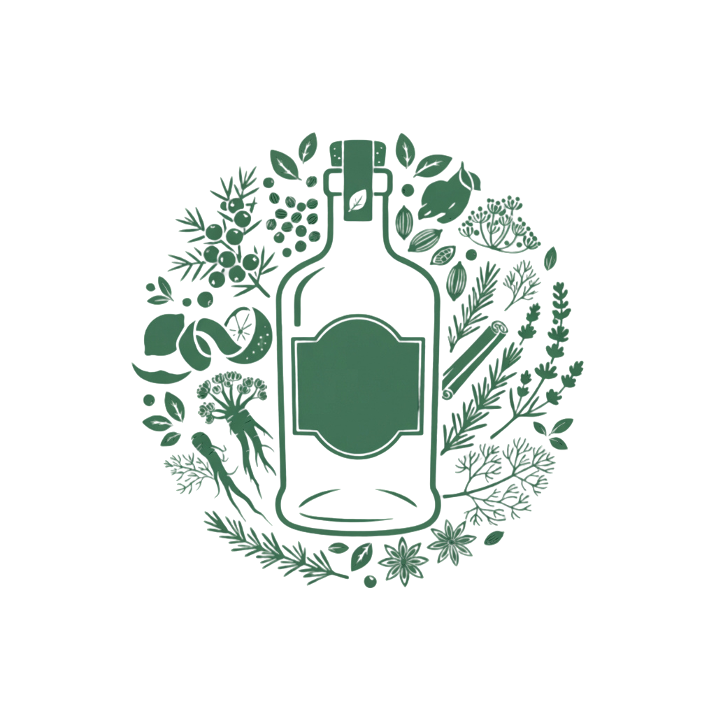 A green bottle with a cap surrounded by various herbs and botanical leaves in a circular arrangement