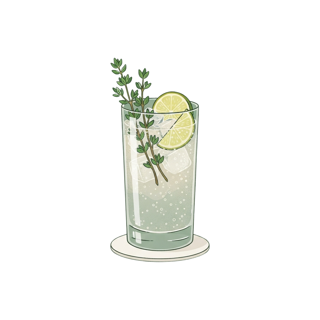 A tall glass filled with a bubbly herbal lemon drink garnished with lime and fresh herbs on ice.