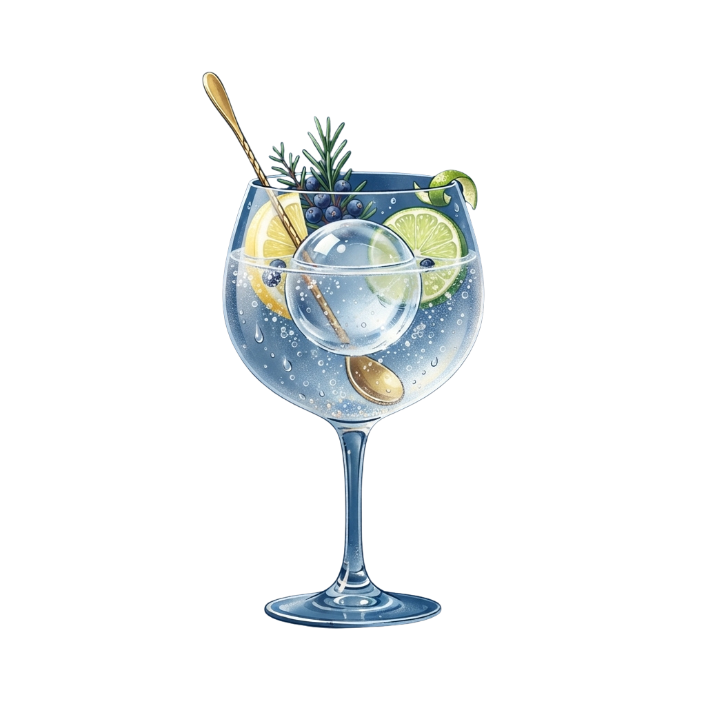 A clear cocktail glass filled with bubbly liquid, garnished with lemon, lime, blueberries, and rosemary sprig on a black background