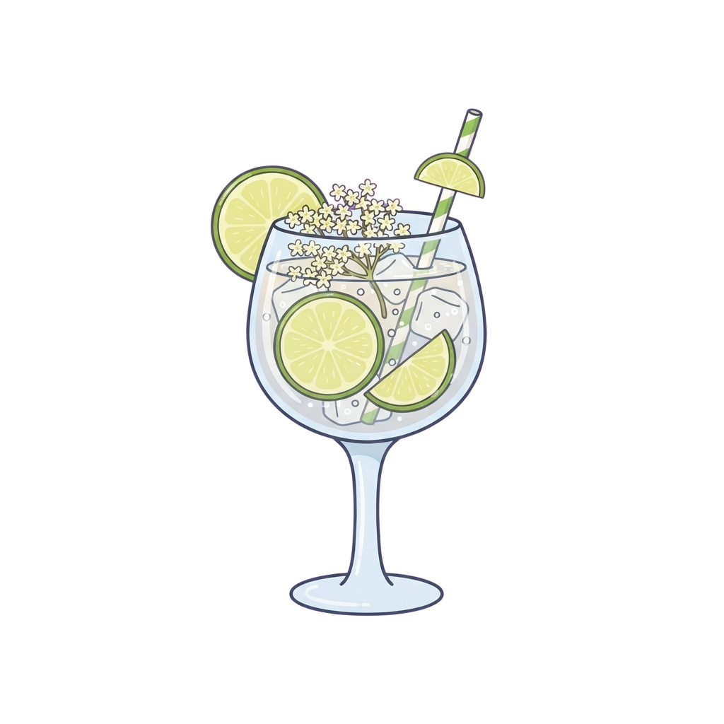 A stylized illustration of a cocktail glass filled with ice cubes, lemon slices, and floral garnish on a black background