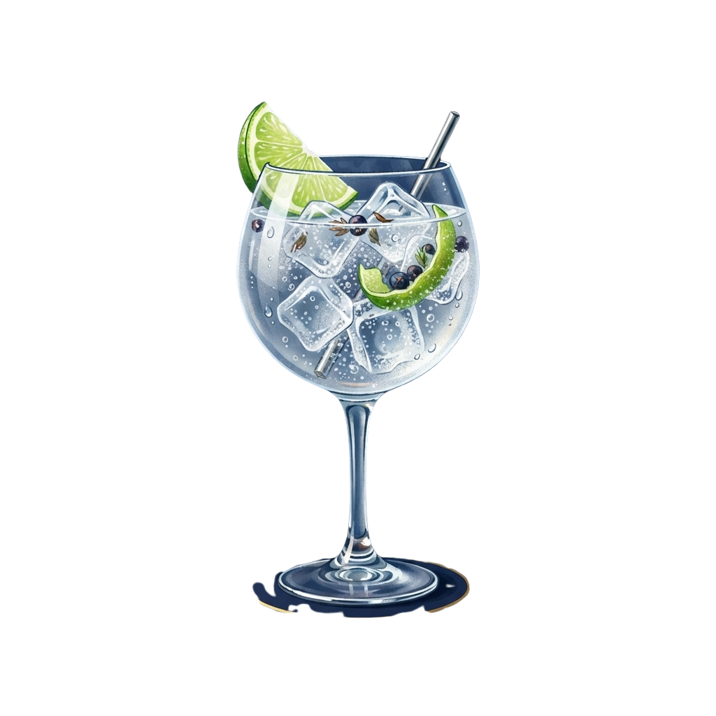 A clear glass filled with gin and tonic, ice cubes, lime slice, and blueberries on a black background