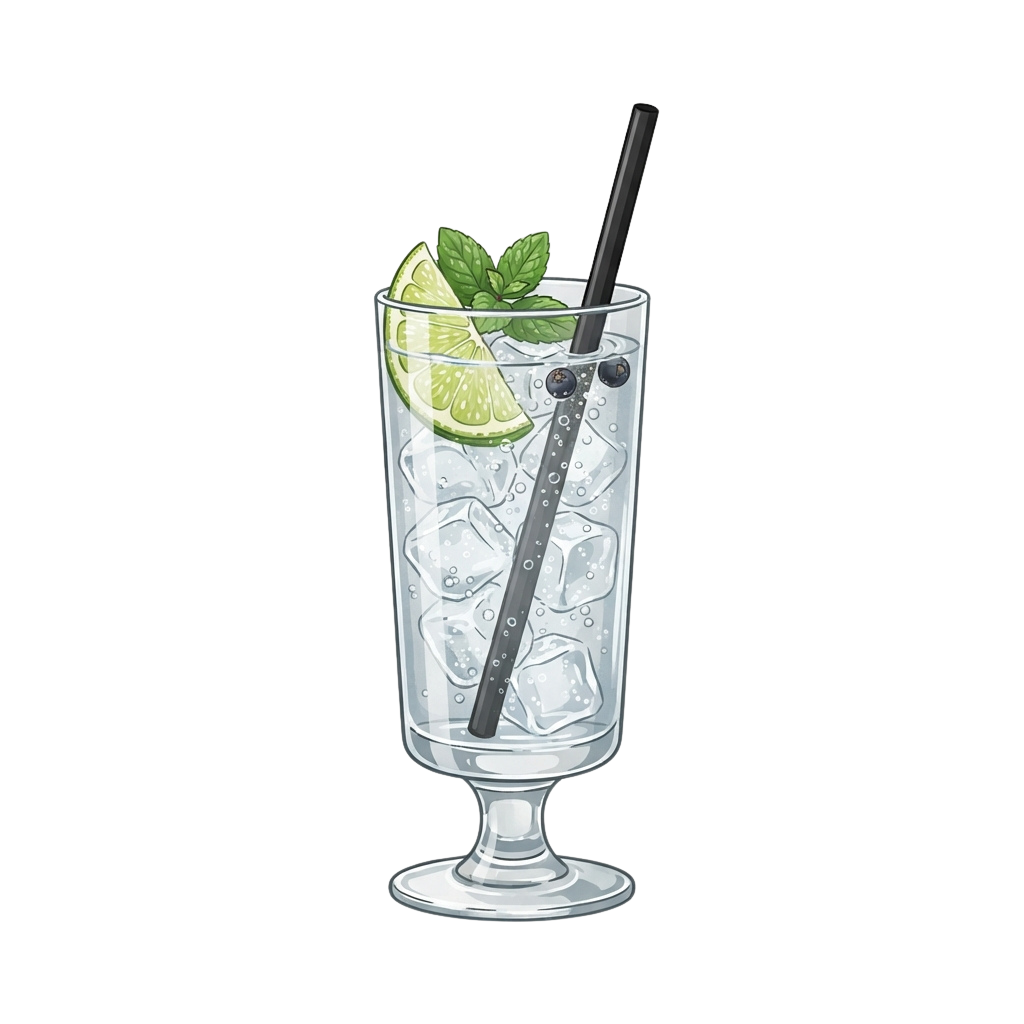 A tall glass filled with ice, lime wedge, mint leaf, and a black straw