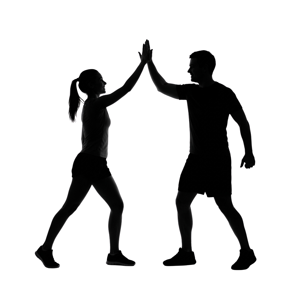 Silhouettes of two people giving each other a high five in a celebratory pose