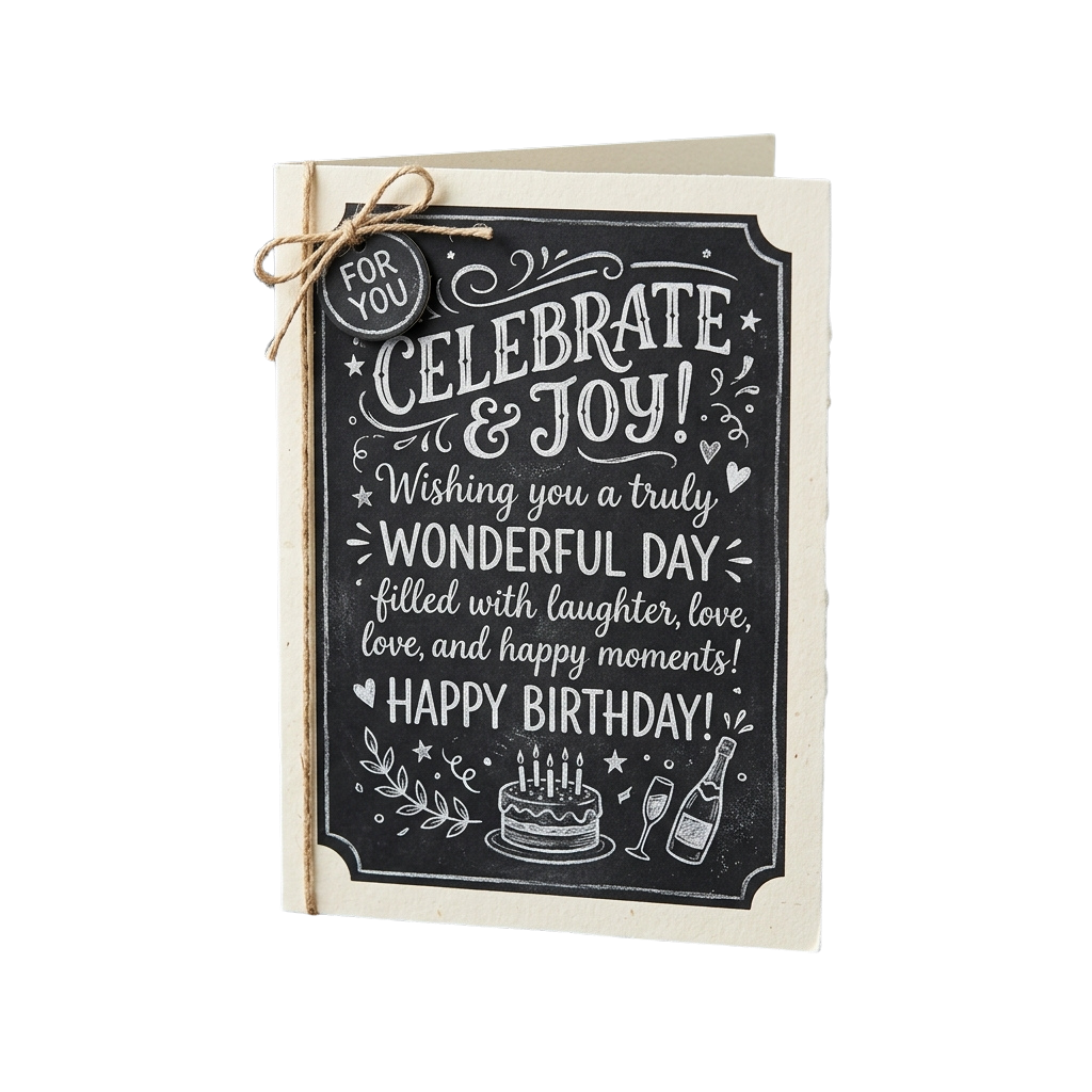 Chalkboard birthday card featuring cake, champagne, and joyful birthday message
