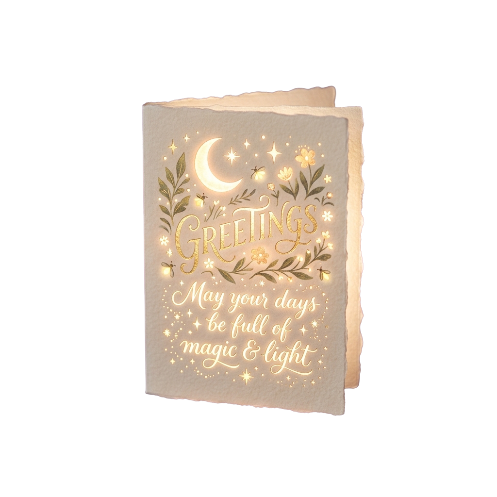 Illuminated greeting card with golden text reading Greetings and May your days be full of magic and light, surrounded by stars, moon, and flowers