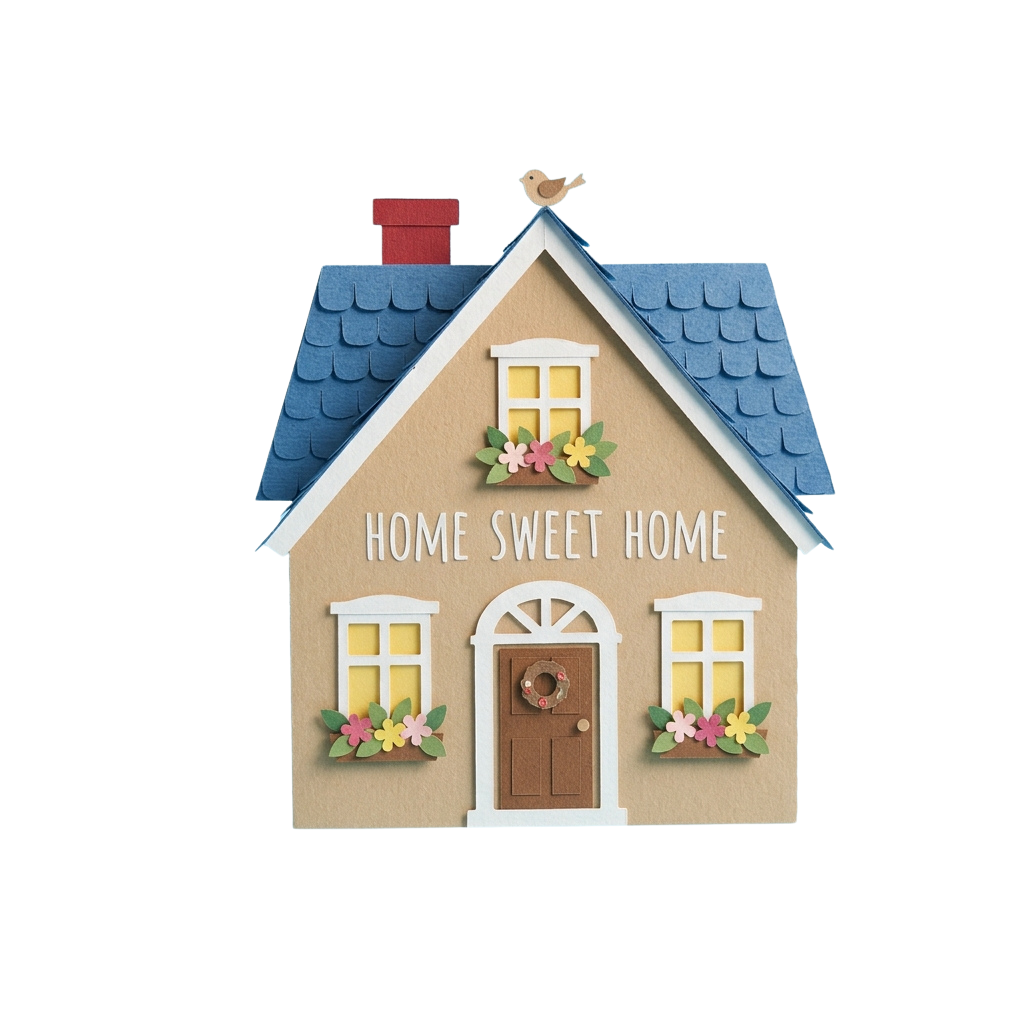 Illustration of a charming house with blue roof, white trim, and flowers around windows and door, labeled Home Sweet Home with a bird on top