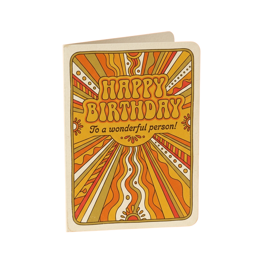 Happy Birthday card featuring a vibrant sun with radiating lines and a cheerful message