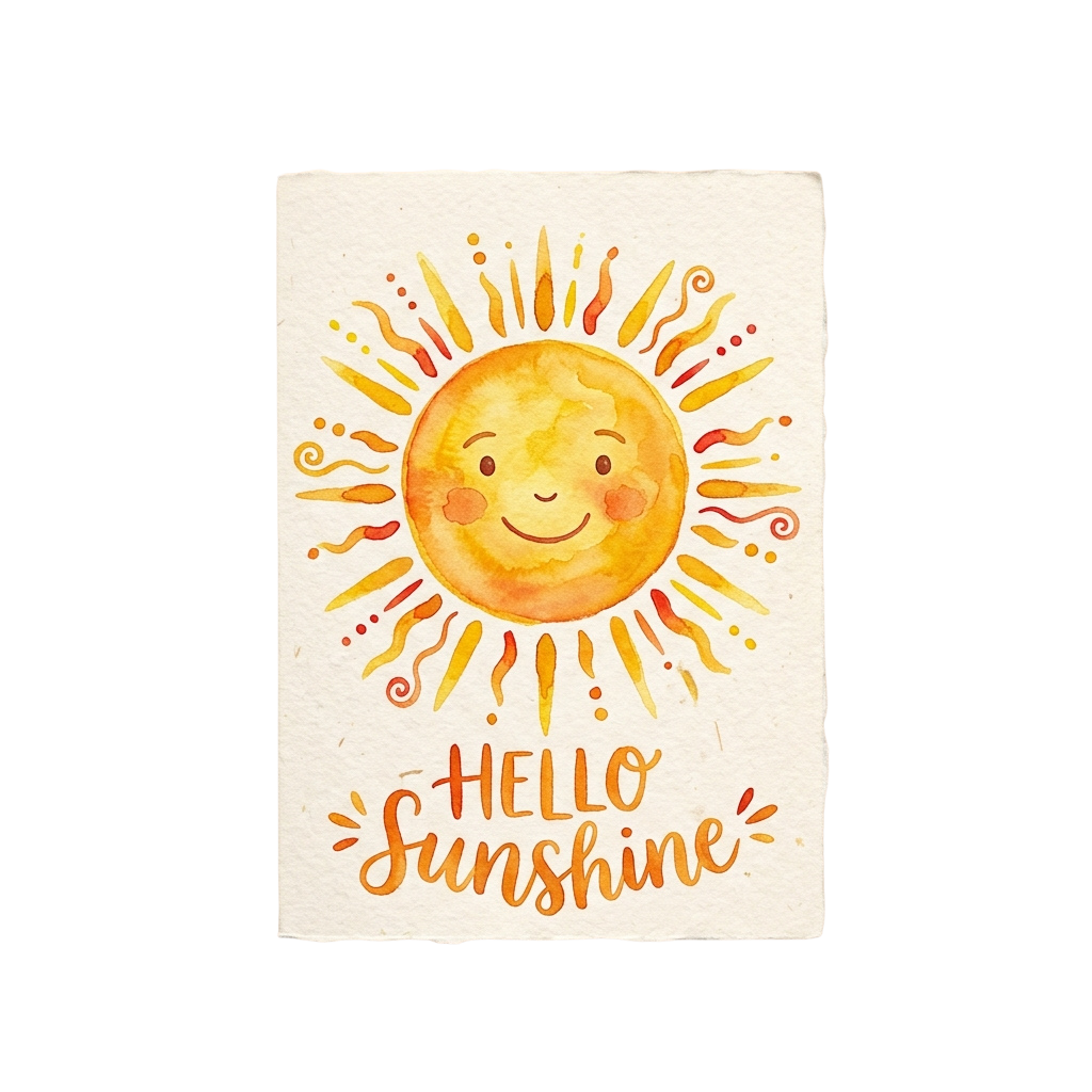 Watercolor illustration of a smiling sun with rays and the text Hello Sunshine