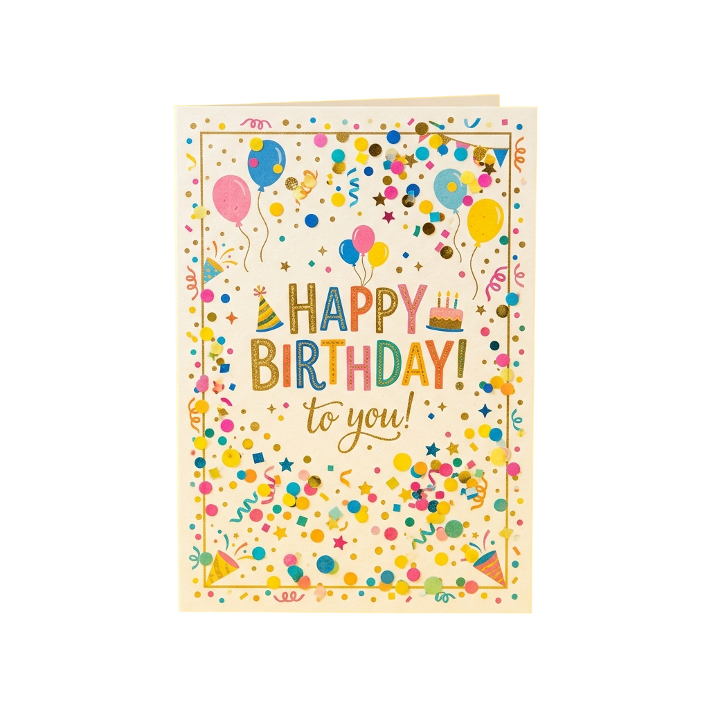 Bright birthday card featuring colorful balloons, confetti, stars, and the text Happy Birthday to you