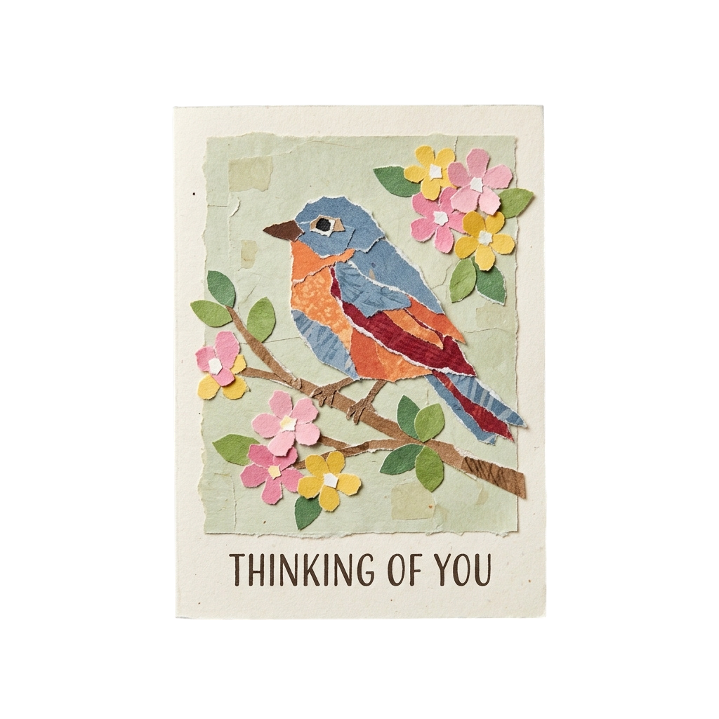 Collage card with colorful paper bird perched on a branch with flowers, text reads Thinking Of You