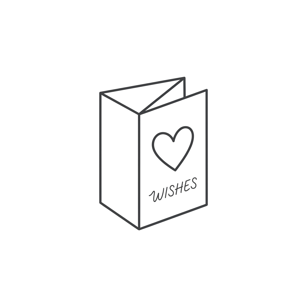 A simple illustrated wish box with a heart symbol and the word wishes