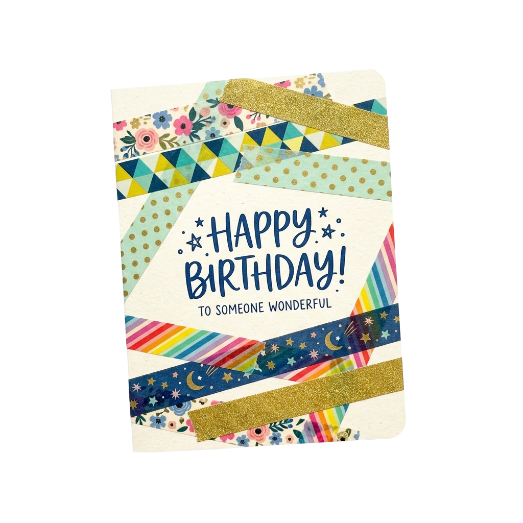 Bright birthday card with colorful patterned washi tape and the text Happy Birthday to Someone Wonderful