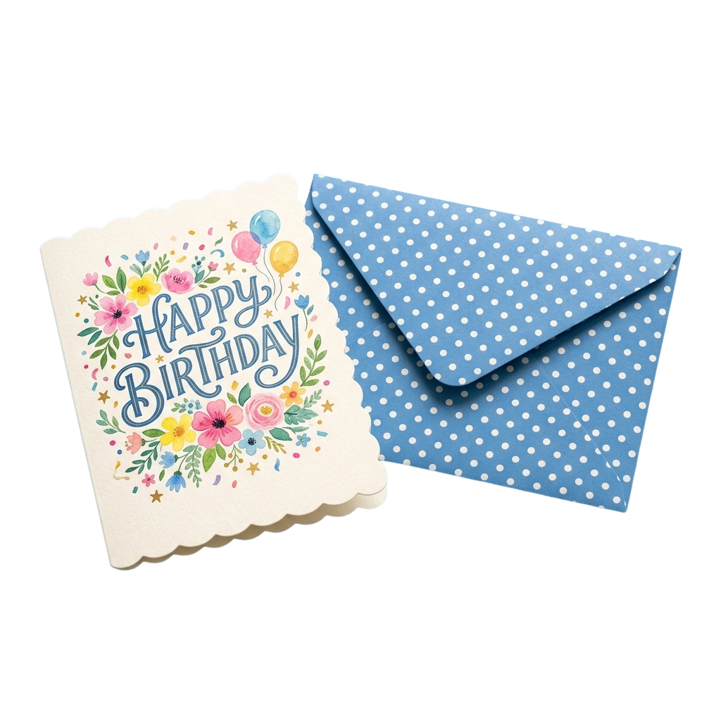 A birthday card featuring colorful flowers and balloons with a scalloped edge, paired with a blue polka dot envelope.