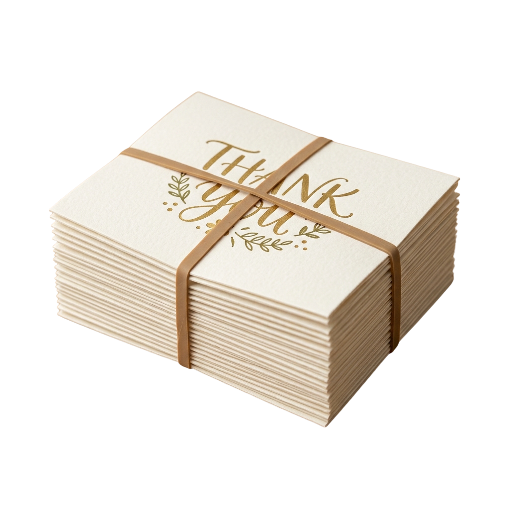 Stack of cream-colored thank you cards tied with brown twine, featuring gold cursive text and decorative elements