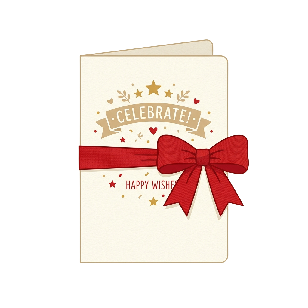 White greeting card with red bow tied around it and text celebrating wishes