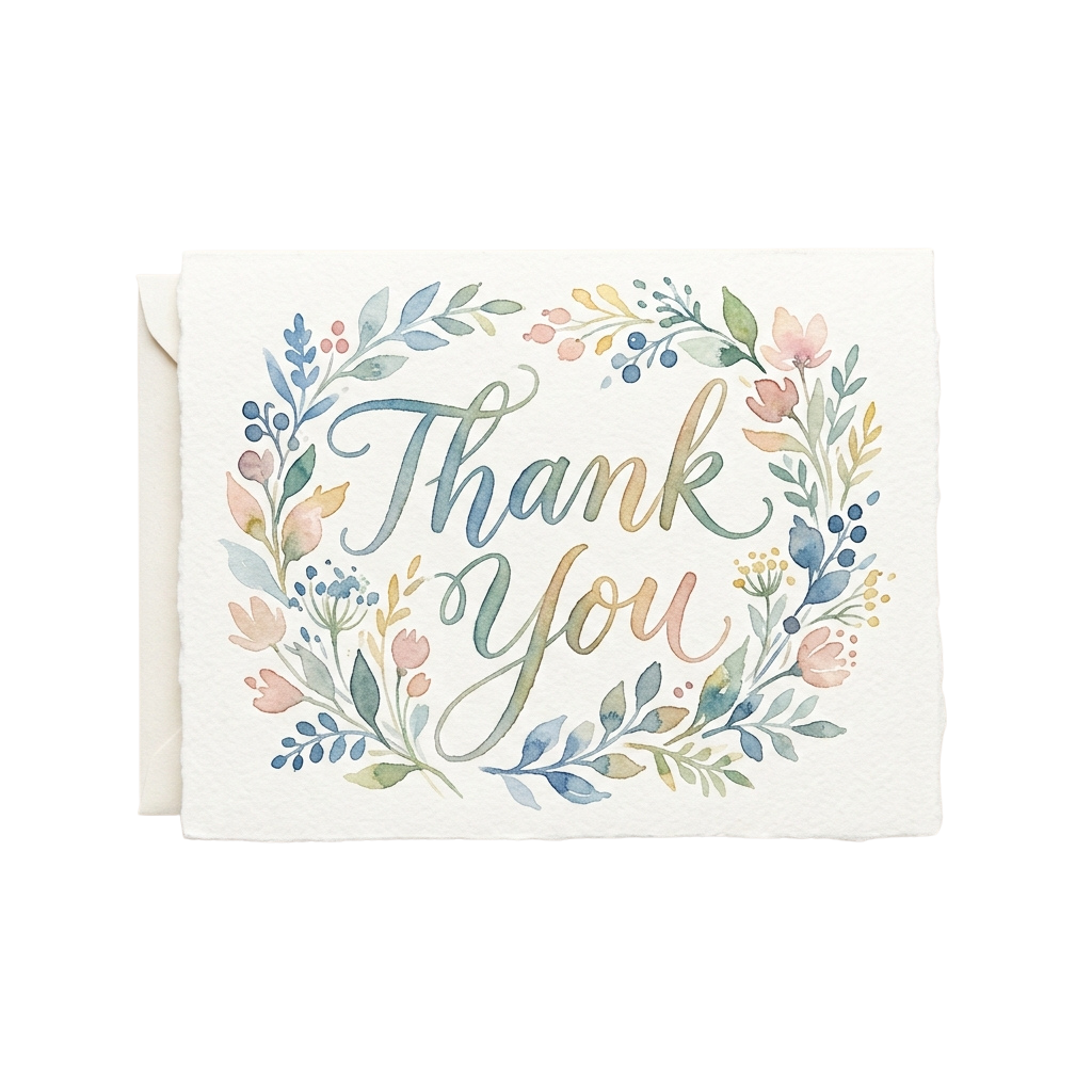 Watercolor thank you card featuring elegant cursive text and a floral wreath design in soft pastel colors