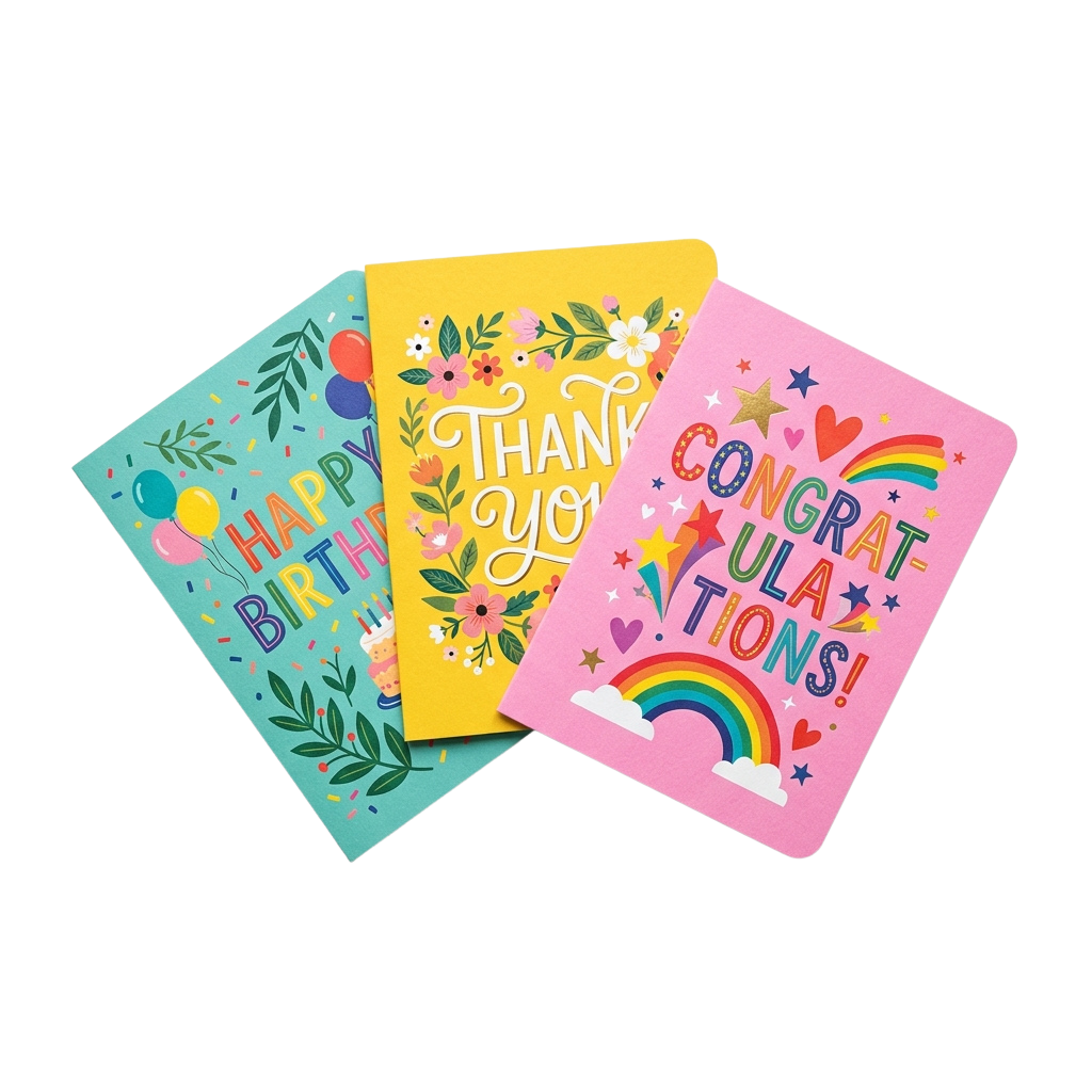 Three vibrant greeting cards displaying Happy Birthday, Thank You, and Congratulations messages with colorful illustrations